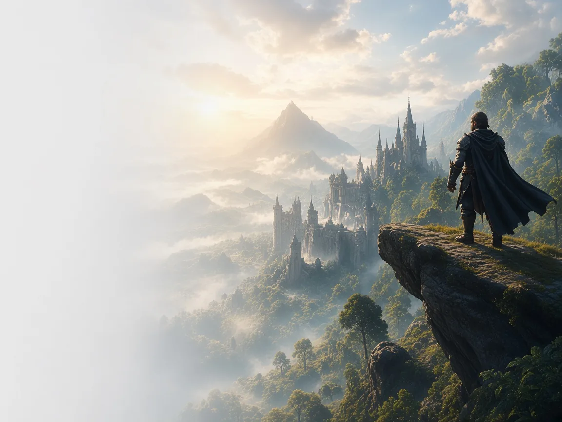 A traveler on a cliff looking across the mist at a castle